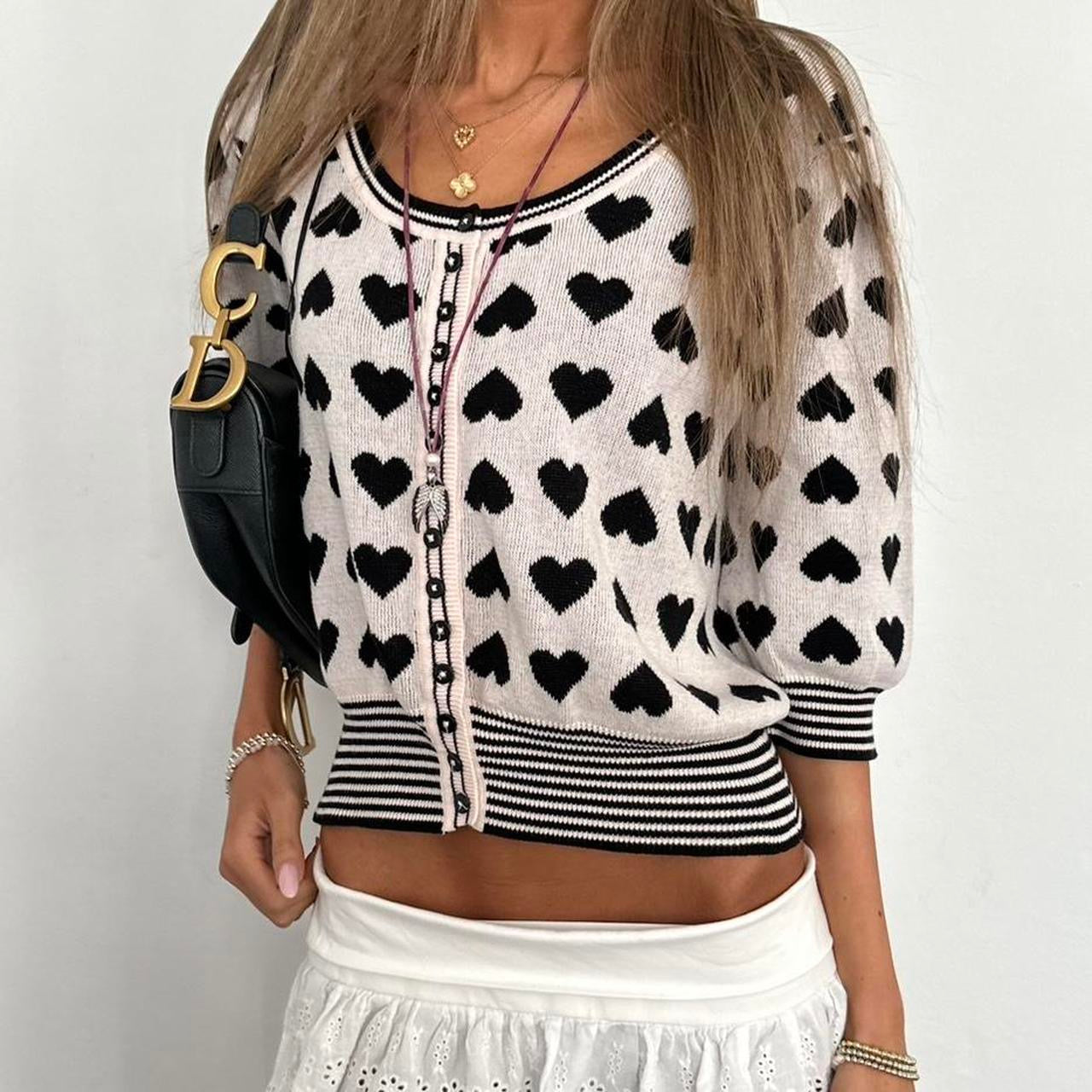 Vintage heart pattern short sleeve cardigan top