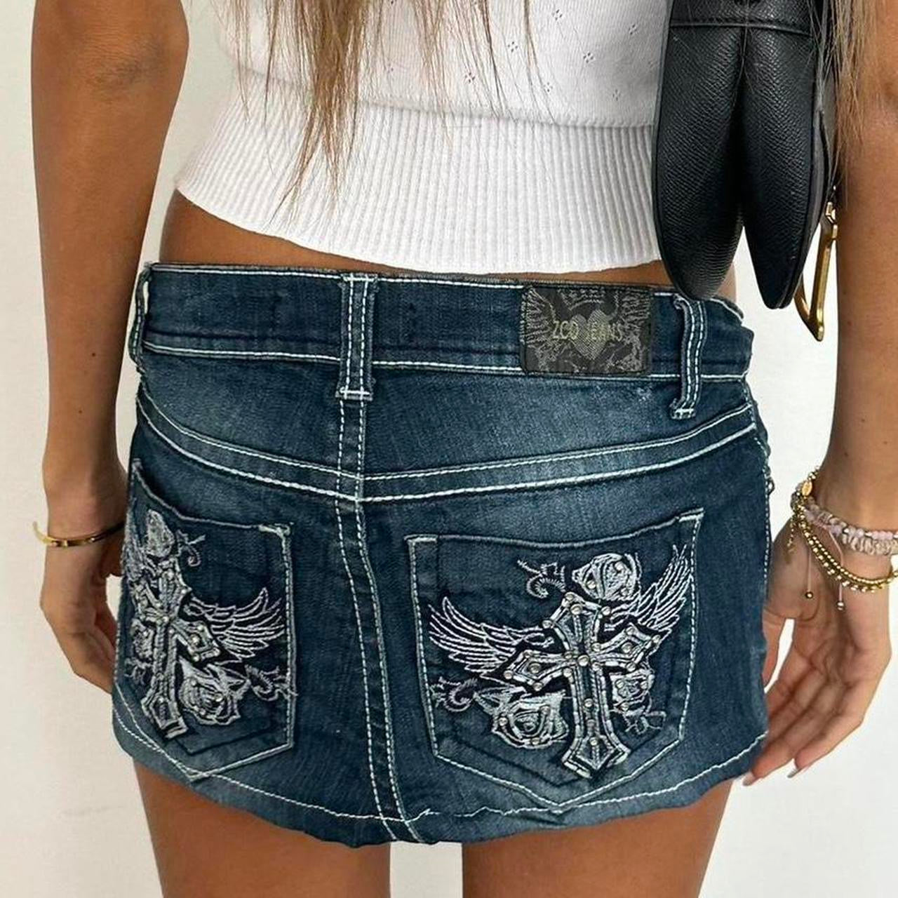 Vintage 00’s cross angel wing embroidered denim skirt