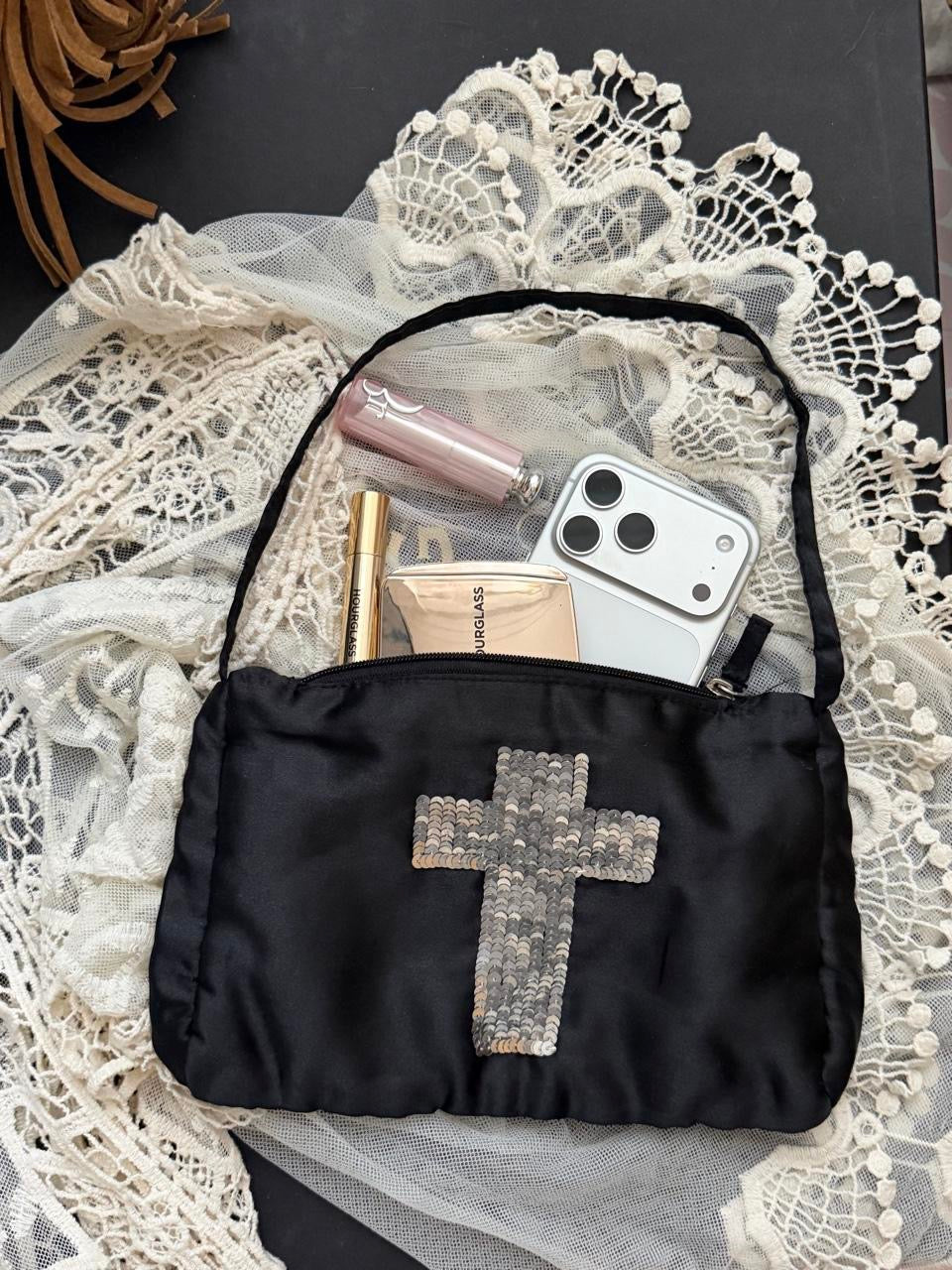 Vintage 2000’s black sequin cross satin bag