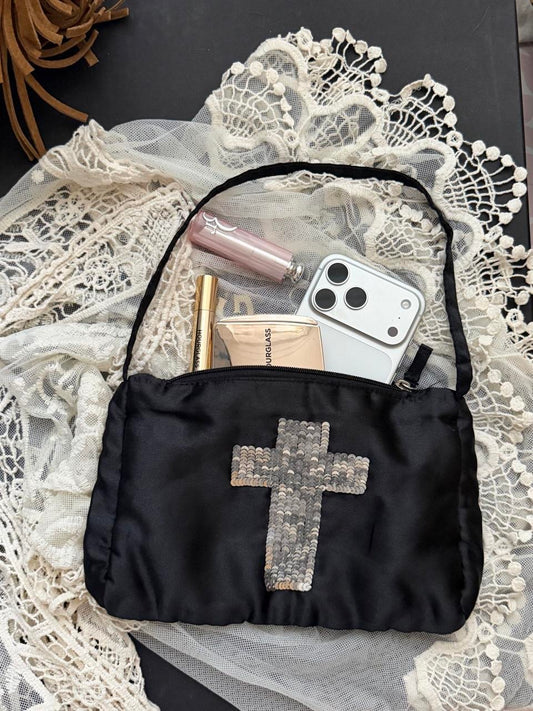 Vintage 2000’s black sequin cross satin bag