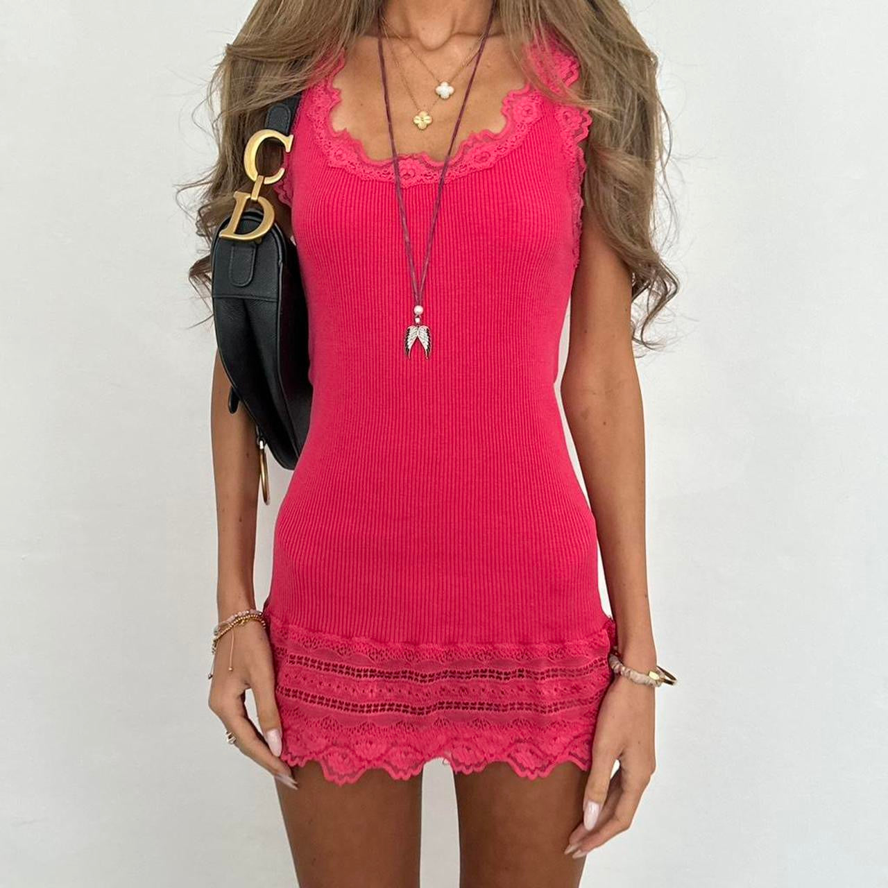 Vintage 90’s ribbed lace dark pink mini dress