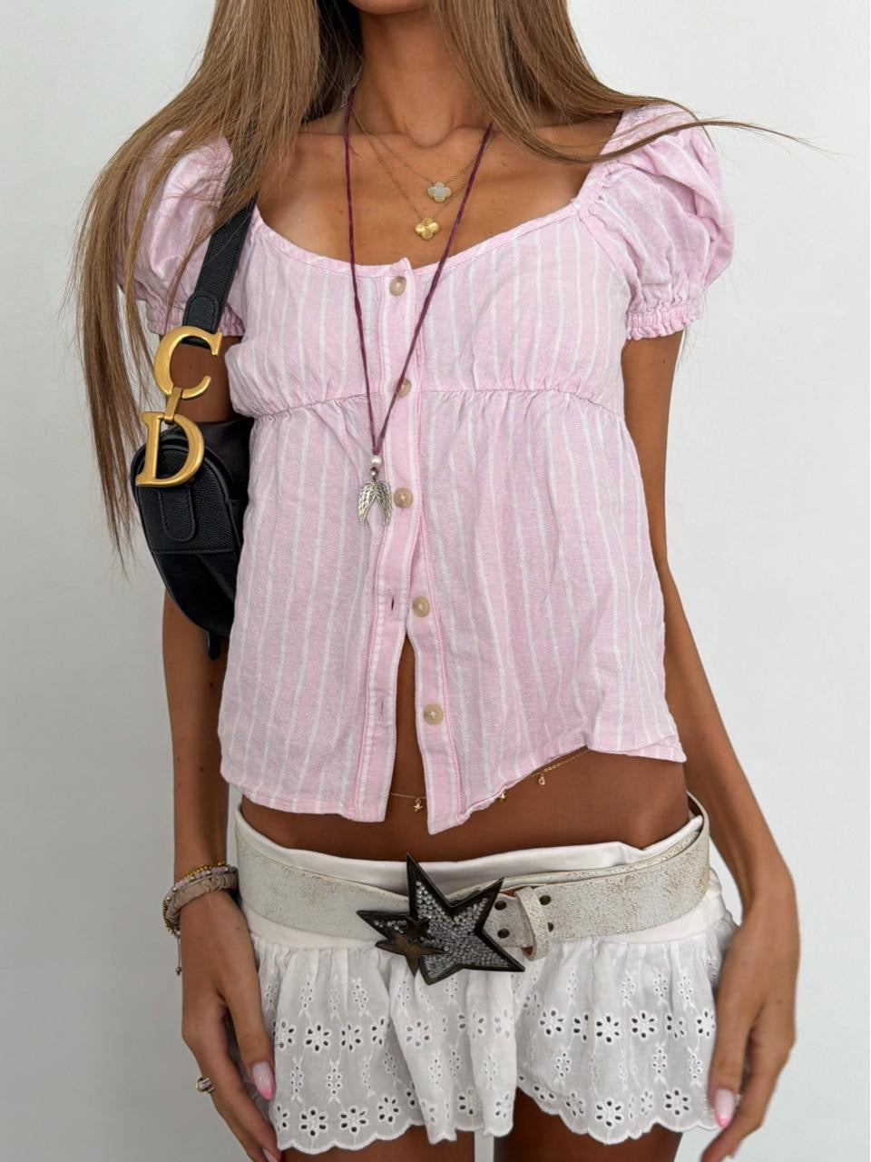 Vintage 00’s babydoll button down pink striped top