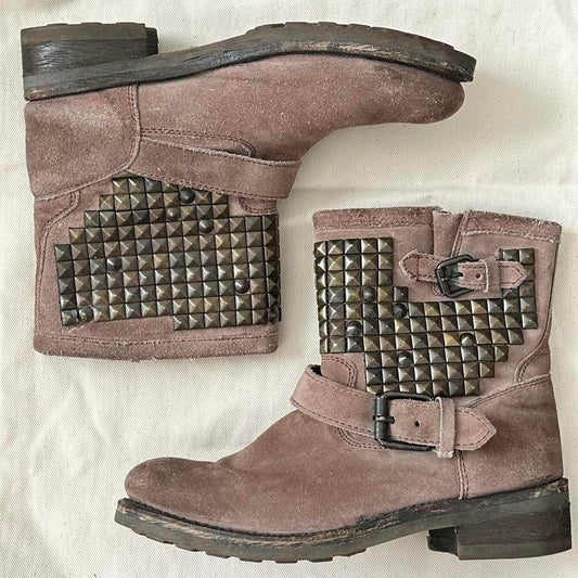 Vintage brown studded genuine leather ankle boots