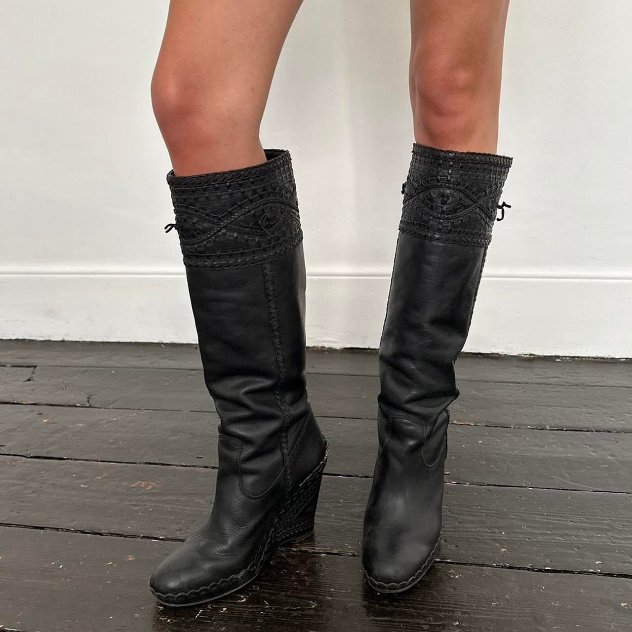 Vintage tall black wedge boots