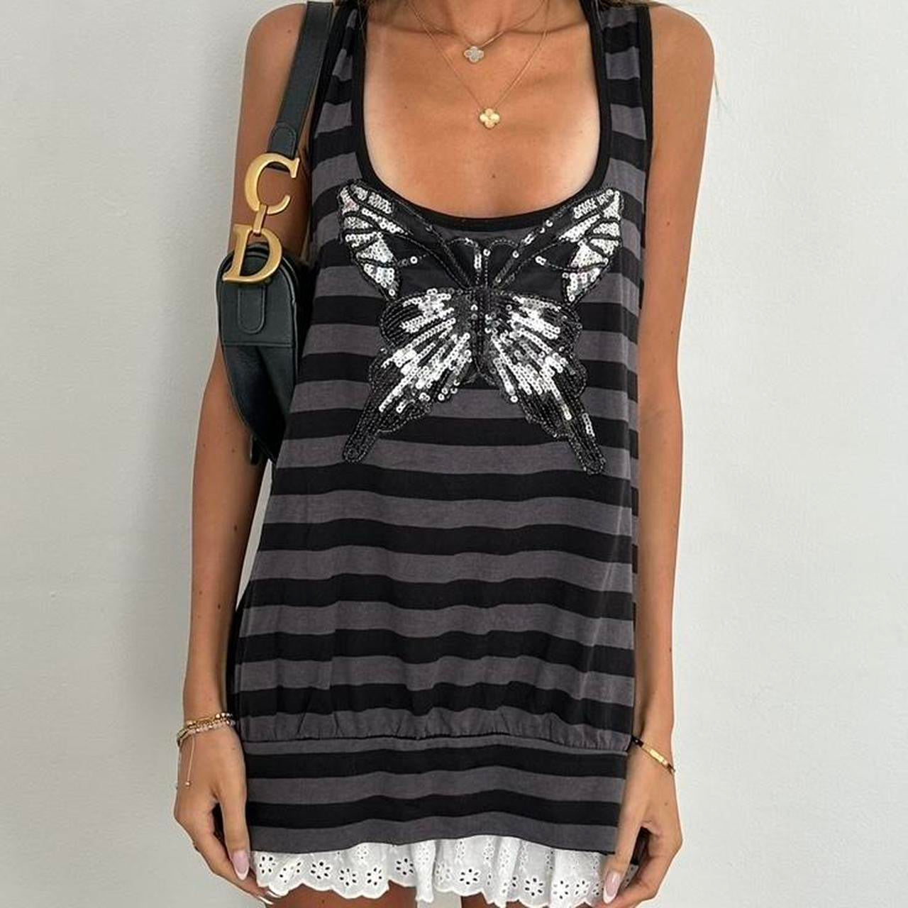 Vintage 00s black and grey stripe butterfly cami top