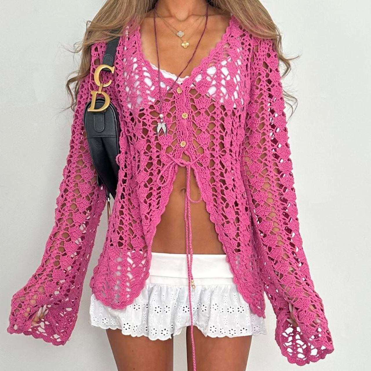 Vintage pink crochet tie up layering top