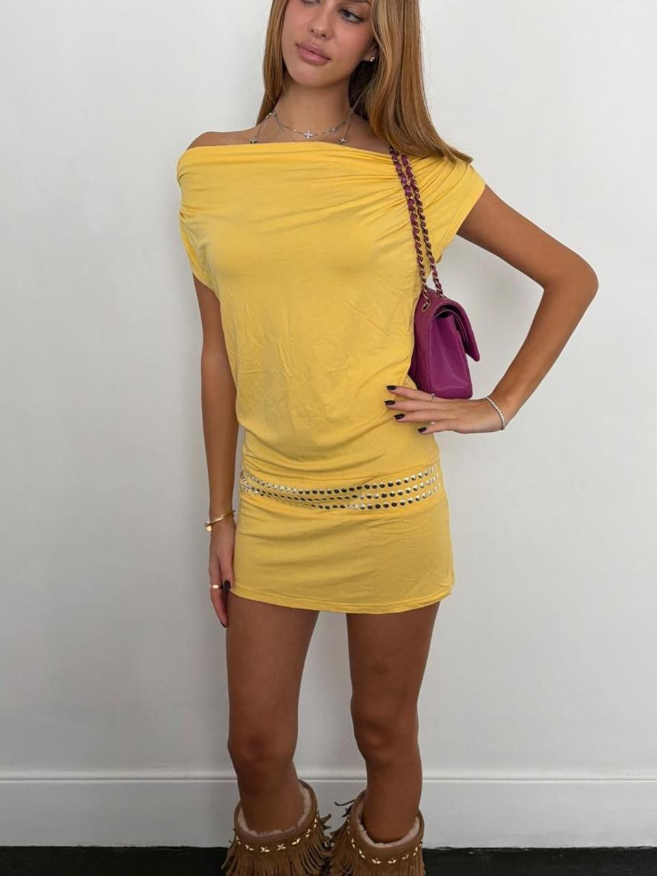 Vintage 00s yellow studded  mini dress