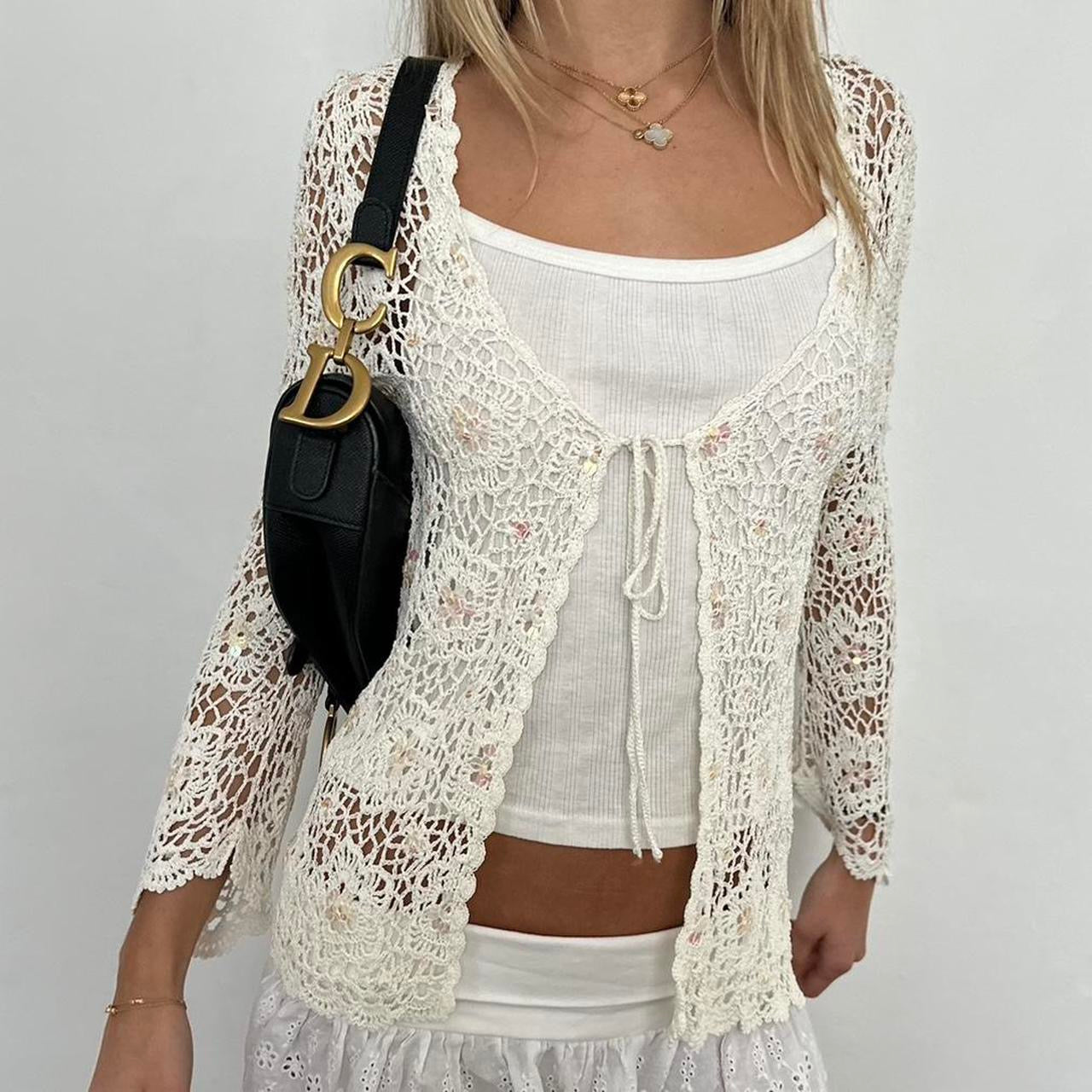 Vintage white crochet knit cardigan top