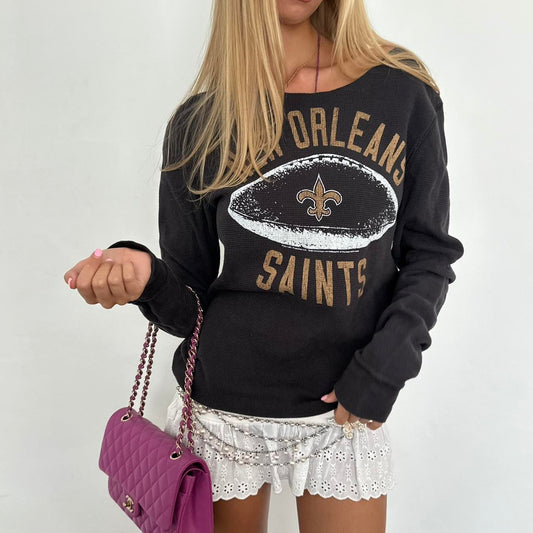 Vintage 2000’s black ‘New Orleans Saints’ off the shoulder waffle long sleeve top