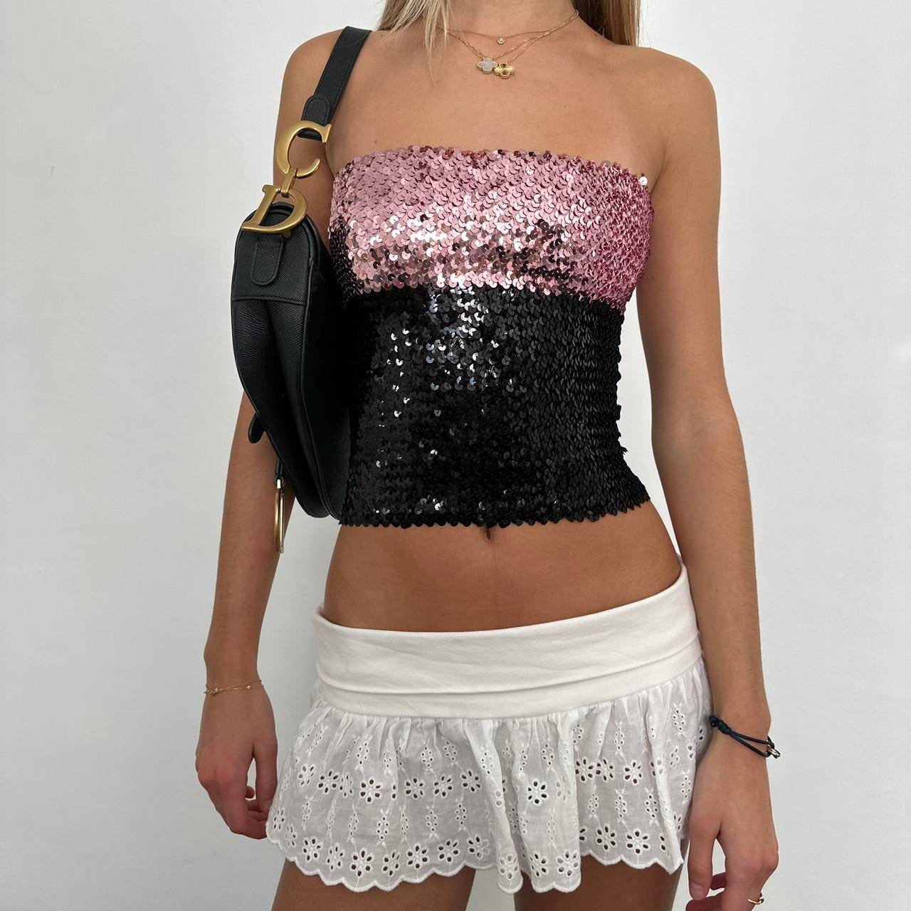 Vintage black and pink sequin strapless top