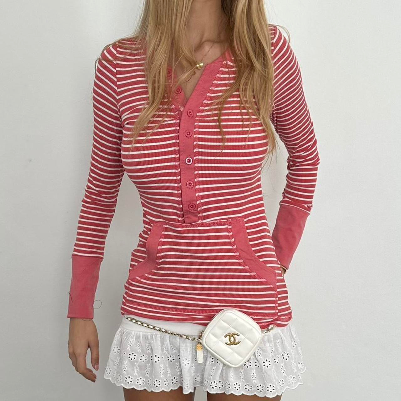 Vintage striped peach Henley long sleeve top