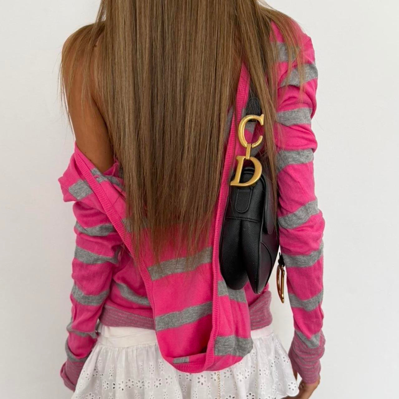 Vintage 00s striped pink and grey hoodie top