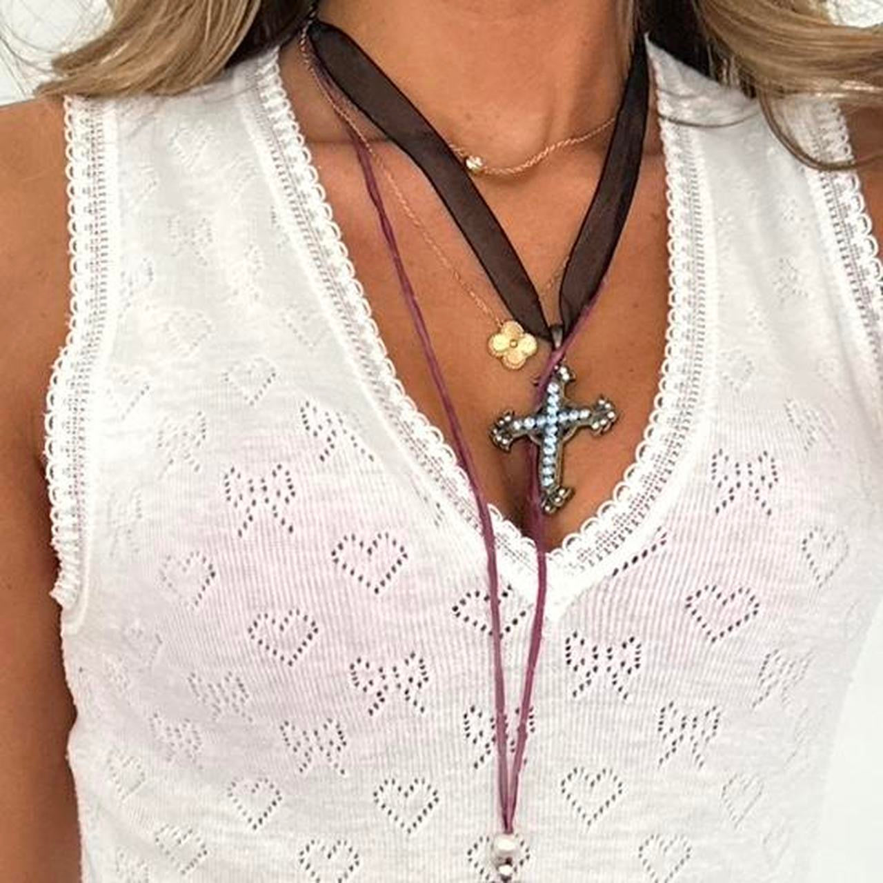 Vintage blue cross necklace on lace chain