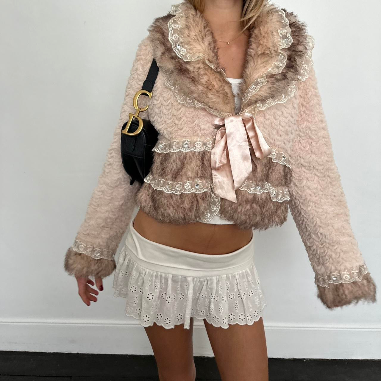 Vintage 2000’s faux fur and lace tie up jacket