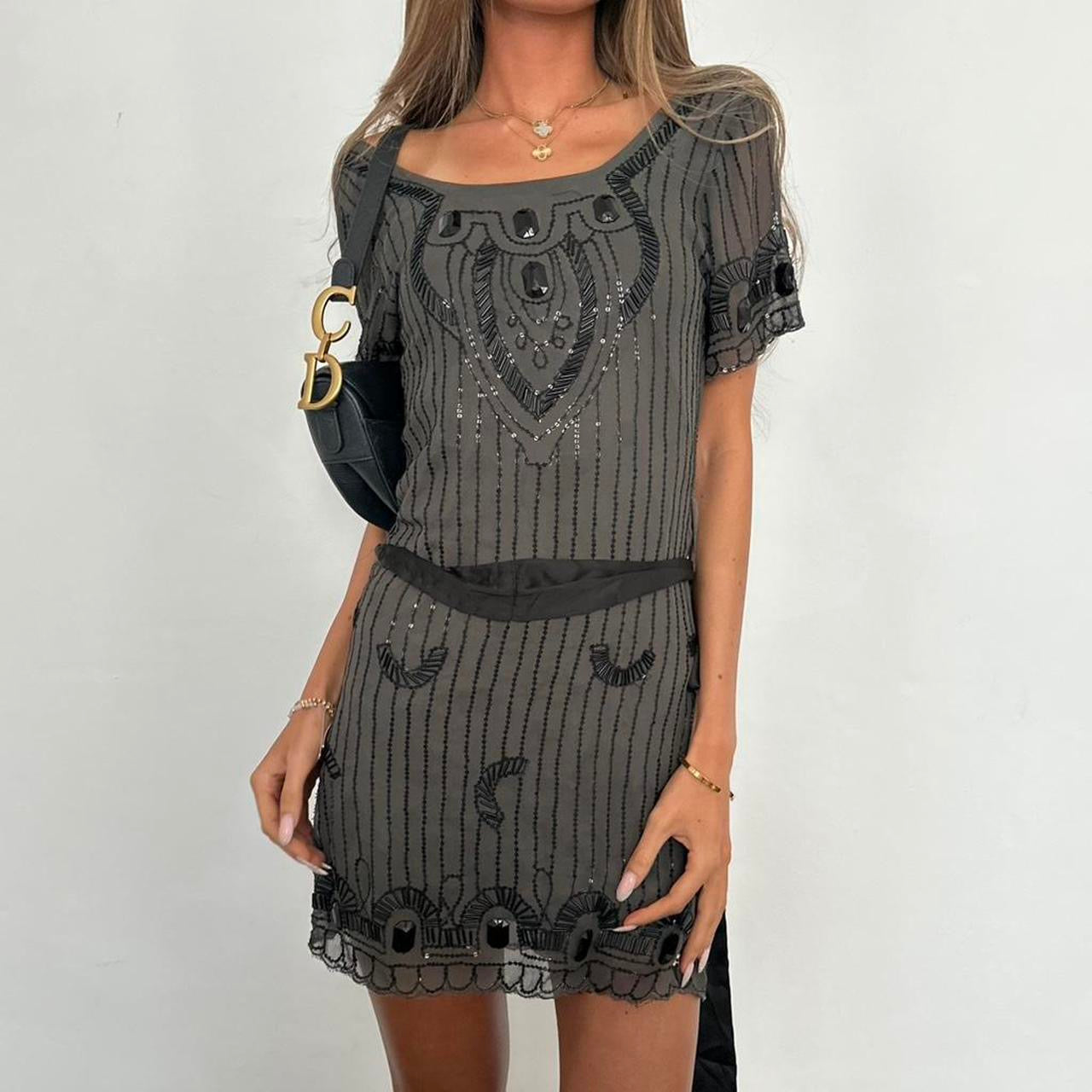 Vintage grey mini dress with beaded details and a tie waist