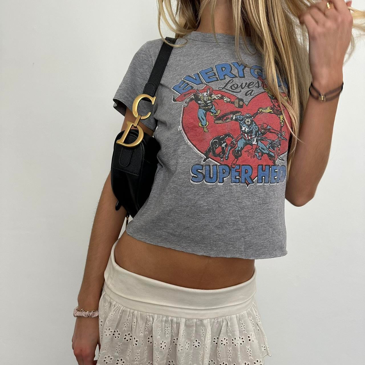 Vintage 90’s ‘every girl loves a superhero’ baby tee 💗