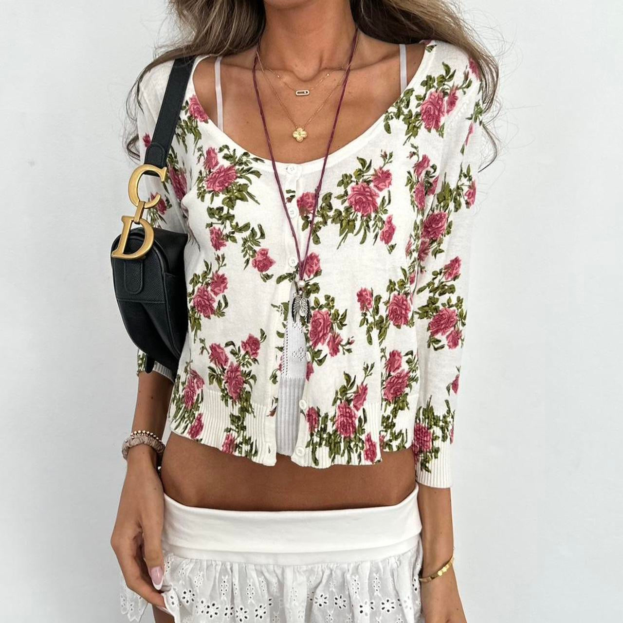 Vintage 2000s white floral cardigan top