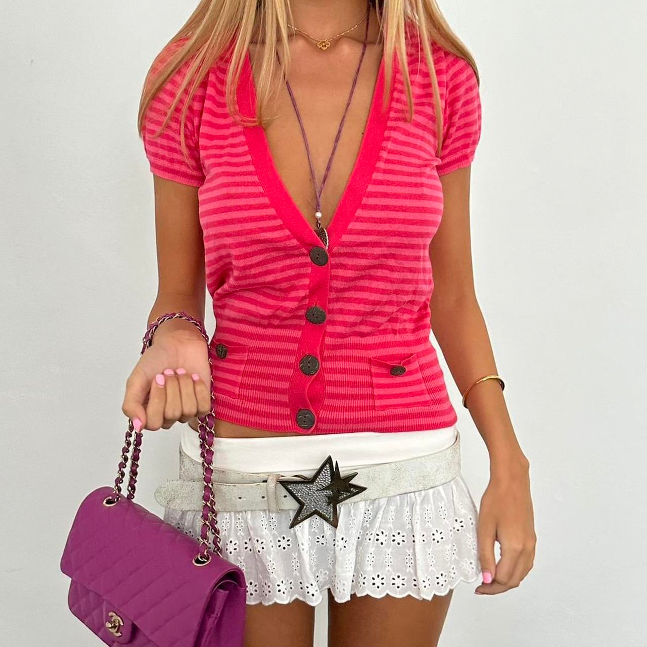 Vintage 2000’s pink stripe short sleeve cardigan