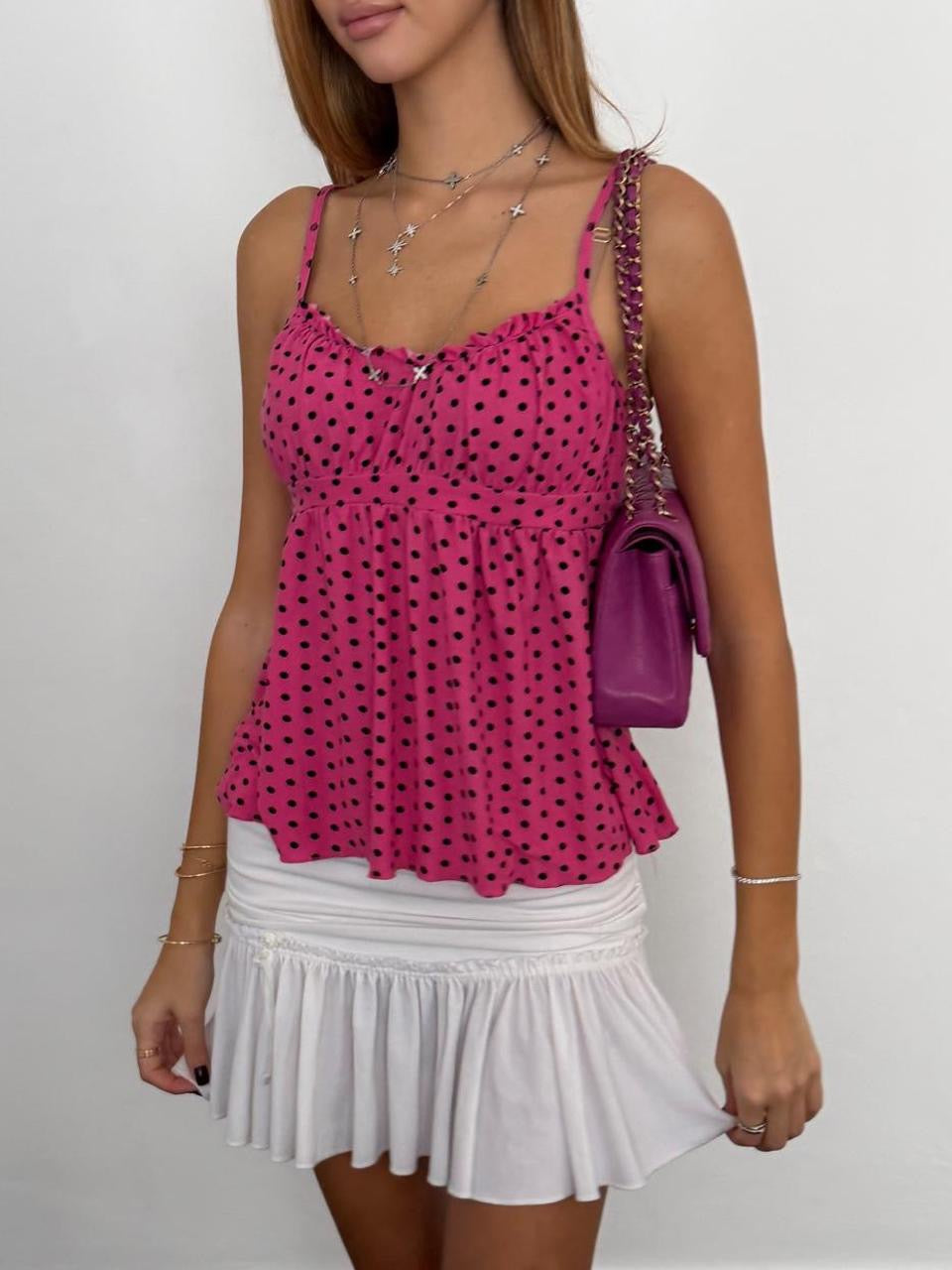 Vintage 00’s pink polka dot babydoll top