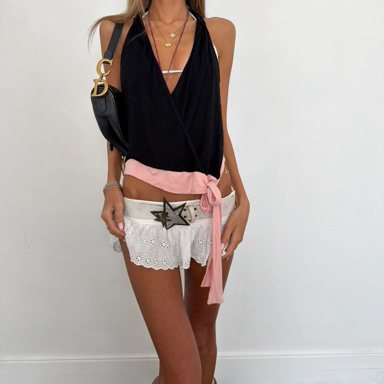 Vintage 00s black and pink tie up halter neck top