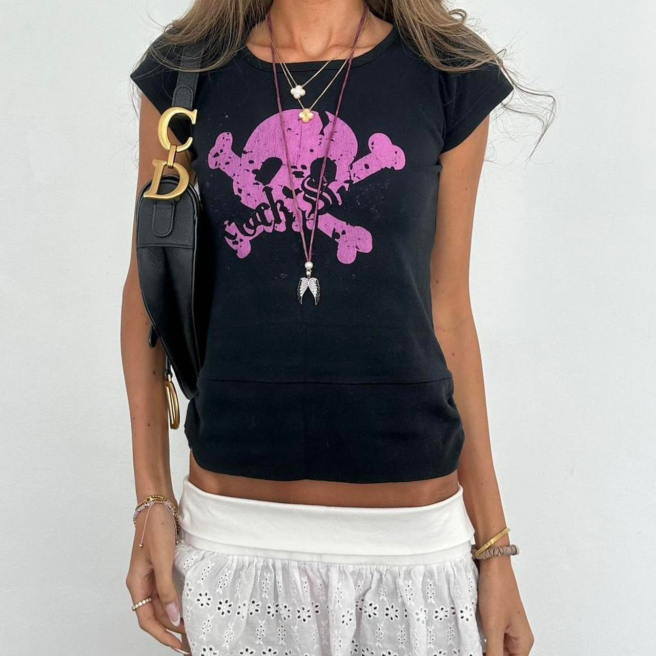 Vintage 00s black and purple skull and crossbones top