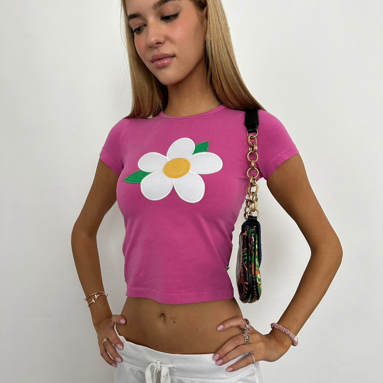 Vintage embroidered flower pink baby tee