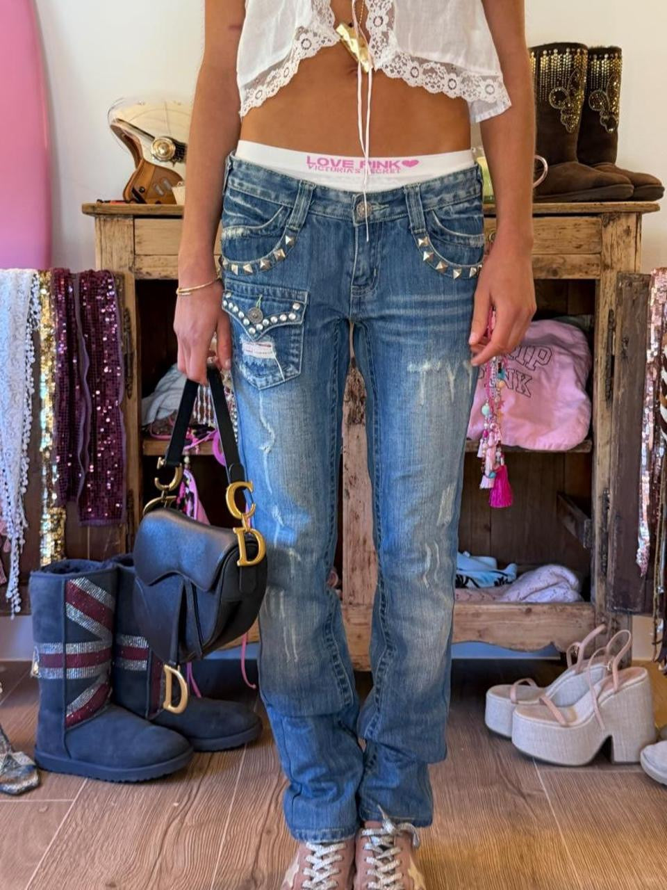 Vintage 00s studded distressed bootcut jeans