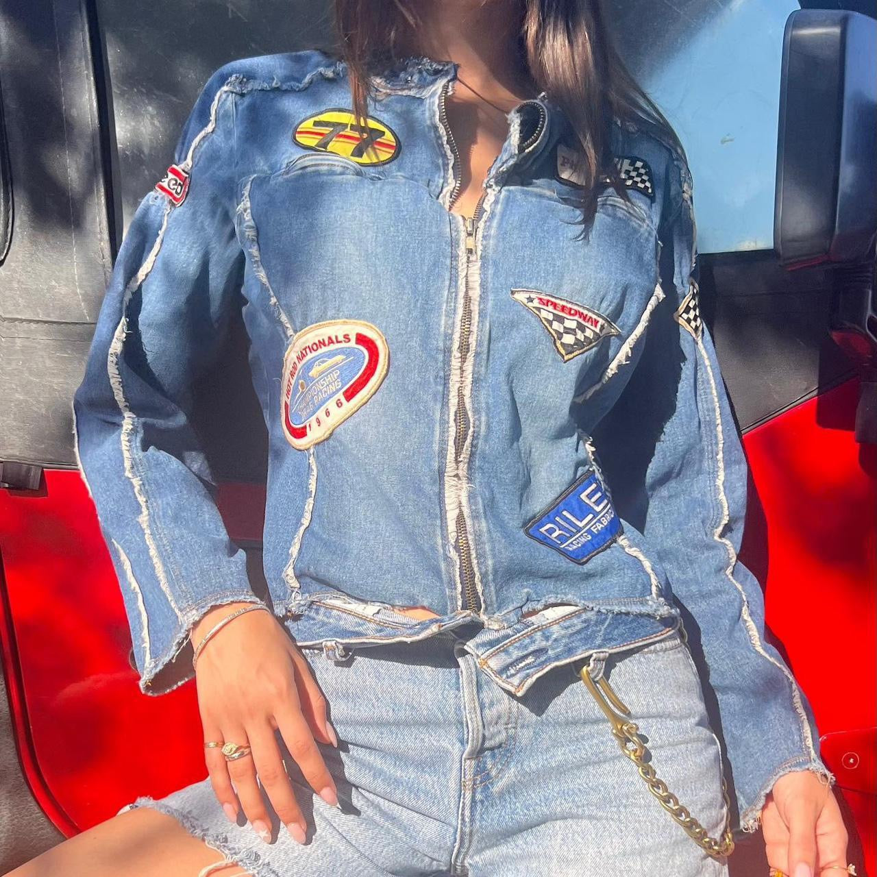 Vintage 90s denim jacket with racing pactches 🌸