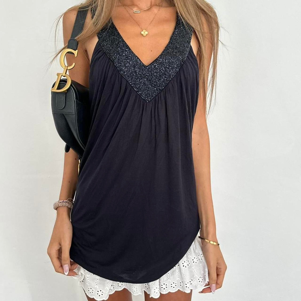 Vintage 2000’s black sequin V neck top
