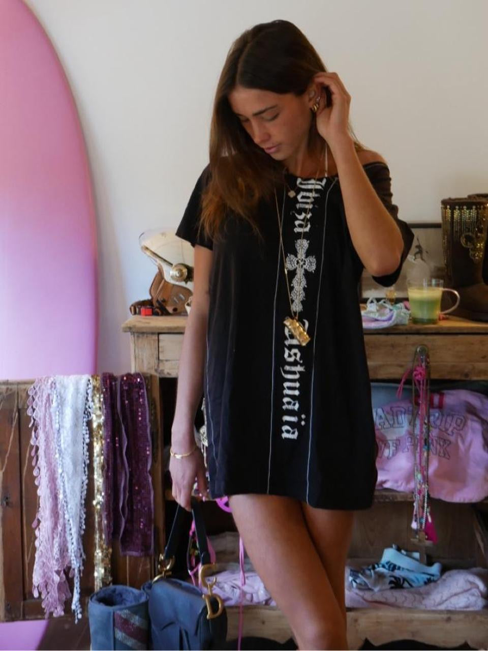 Vintage 00’s Ibiza cross gothic writing ‘Ibiza Ushuaia’ mini dress/ long top