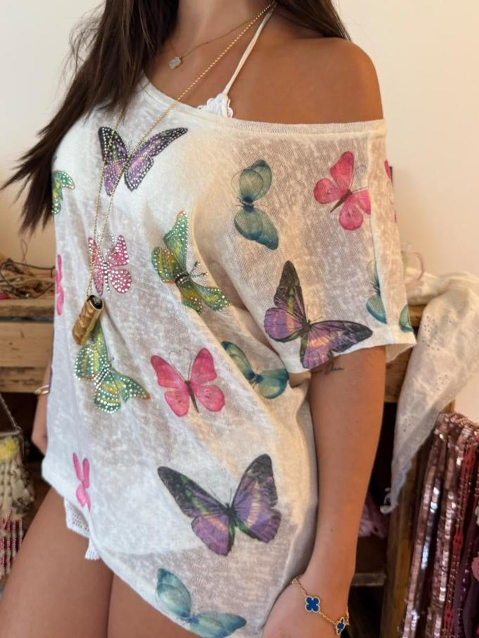 Vintage 00’s butterfly white off shoulder top