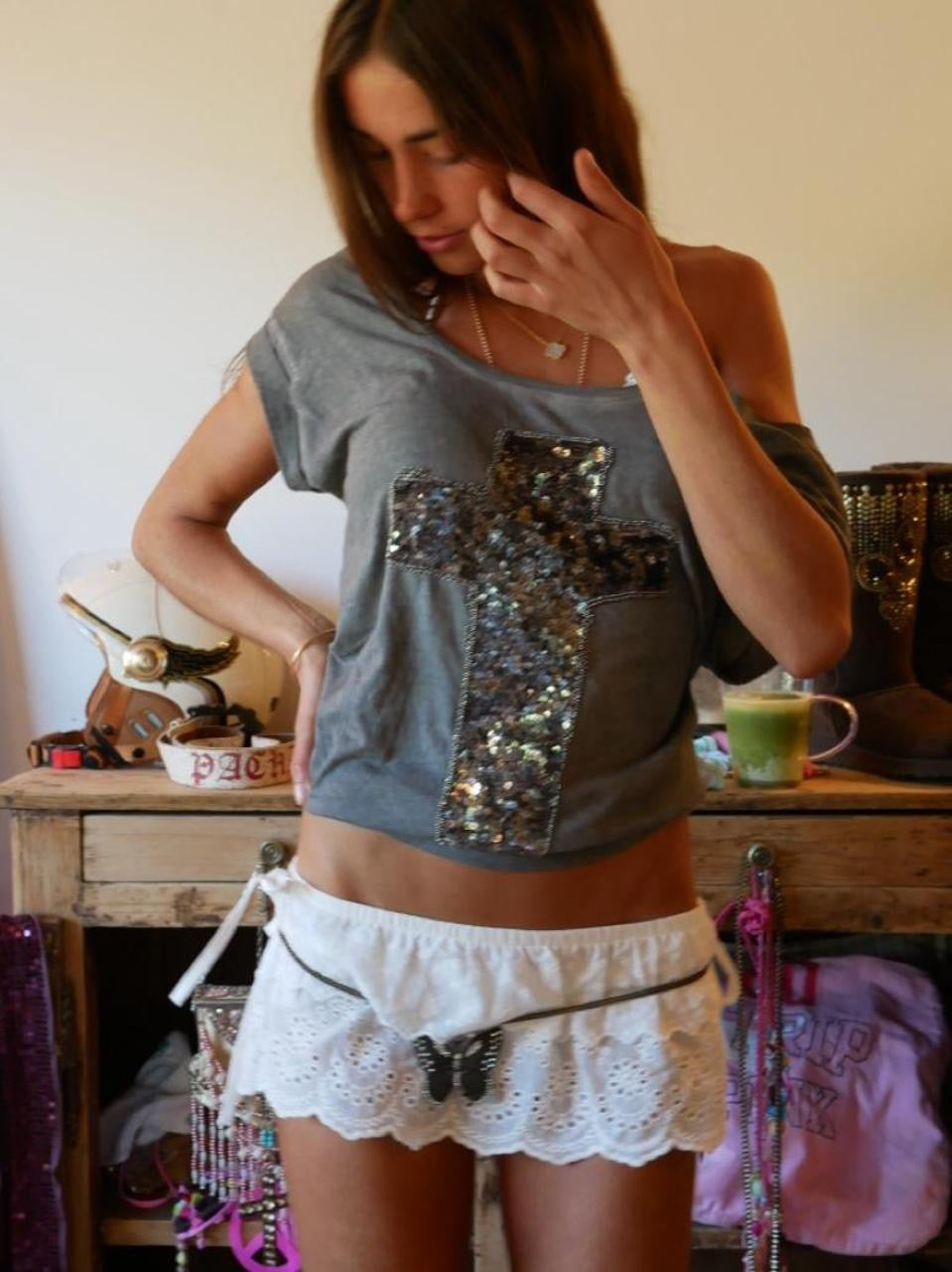 Vintage 00’s sparkly grey cross off shoulder top