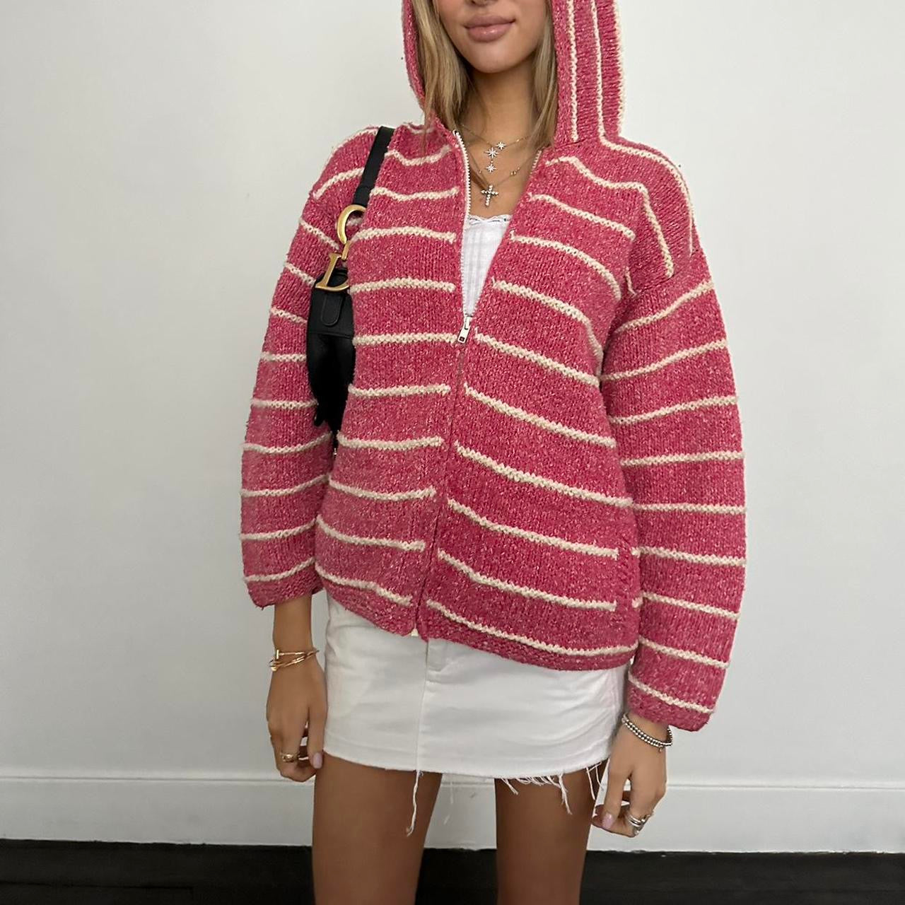 Vintage knitted pink striped zip up jacket 🧺