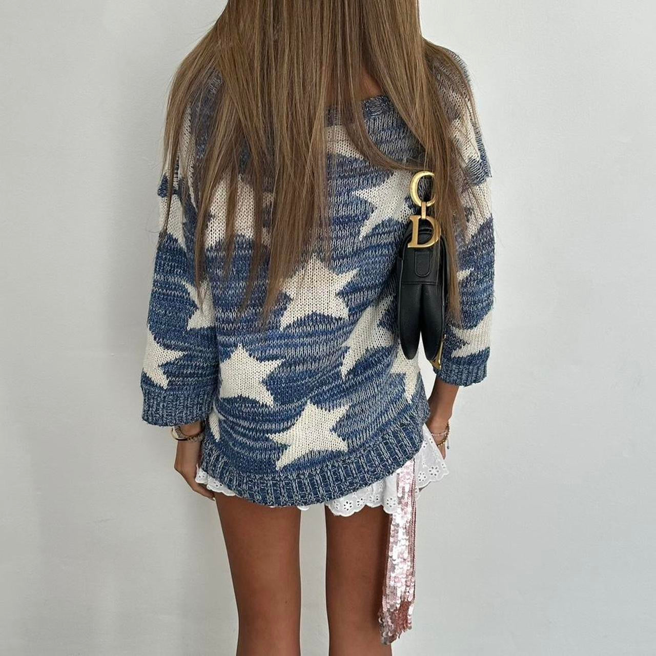 Vintage blue chunky star knit sweater