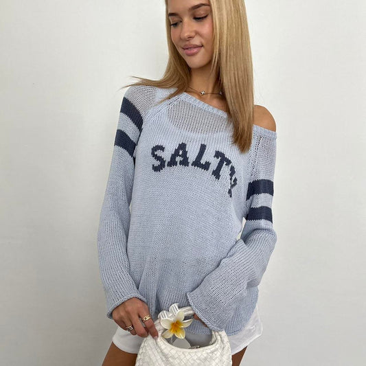 Vintage salty island girl aesthetic blue sweater