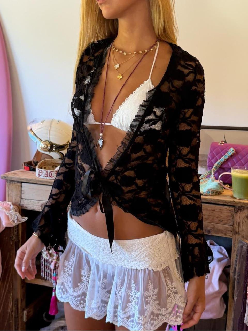 Vintage 00s black lace tie up layering top