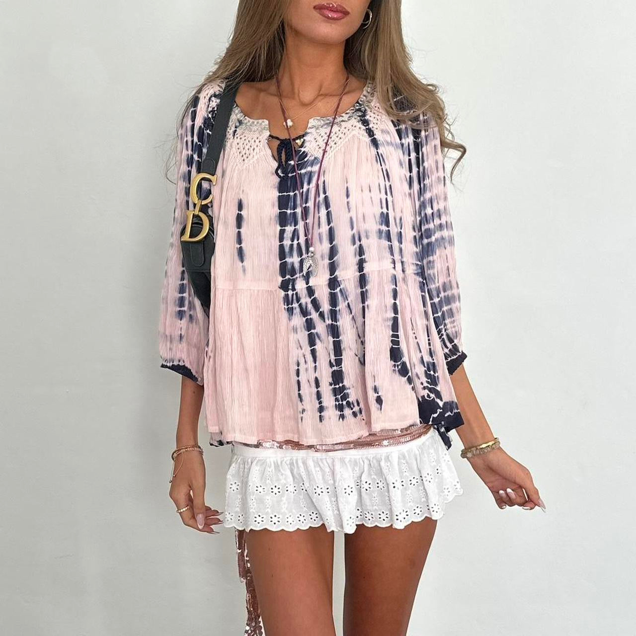 Vintage 00s boho pink and navy blouse