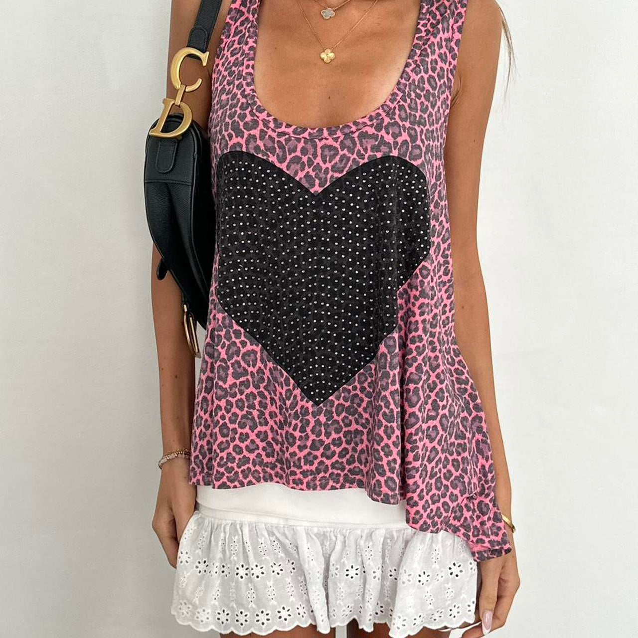 Vintage 00s pink leopard print heart top