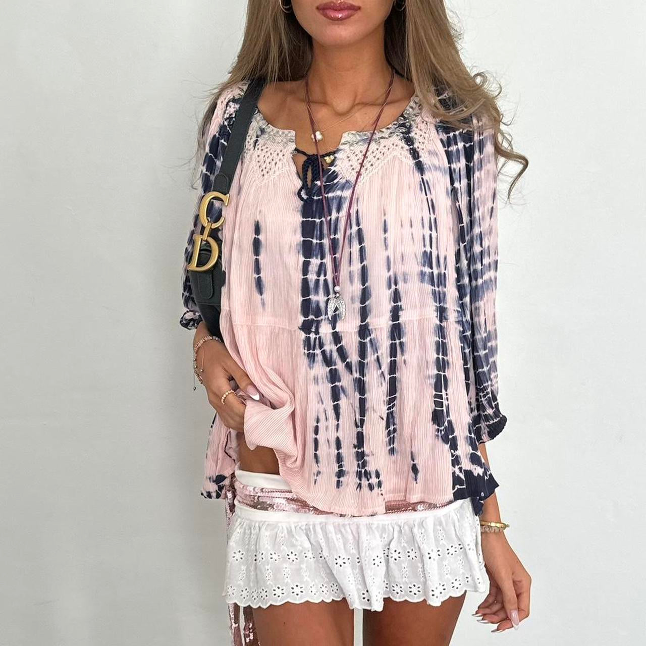 Vintage 00s boho pink and navy blouse