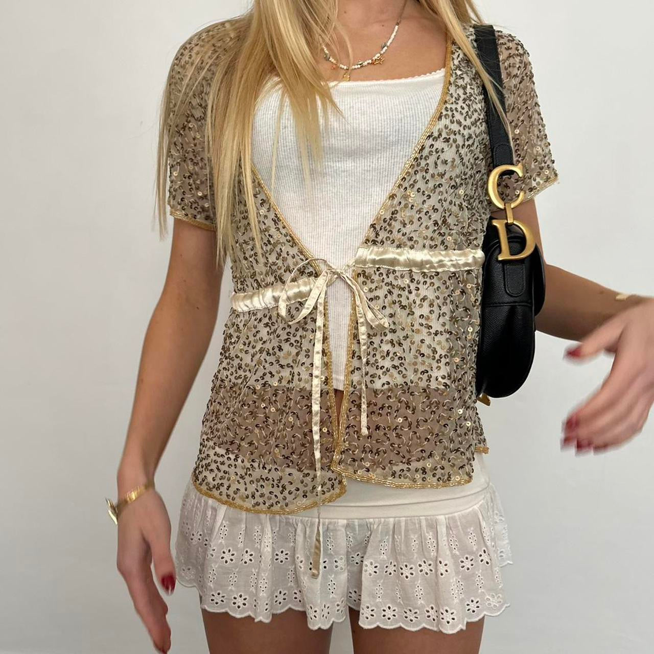 Vintage gold sequin tie up top