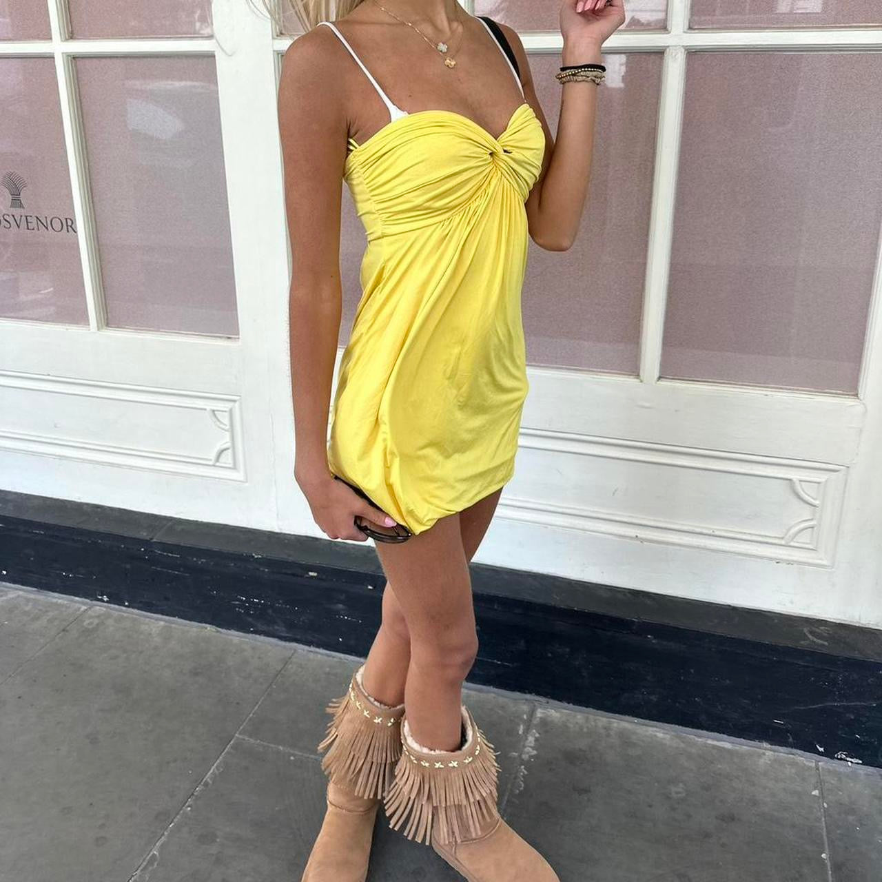Vintage 00s yellow boho strapless mini dress