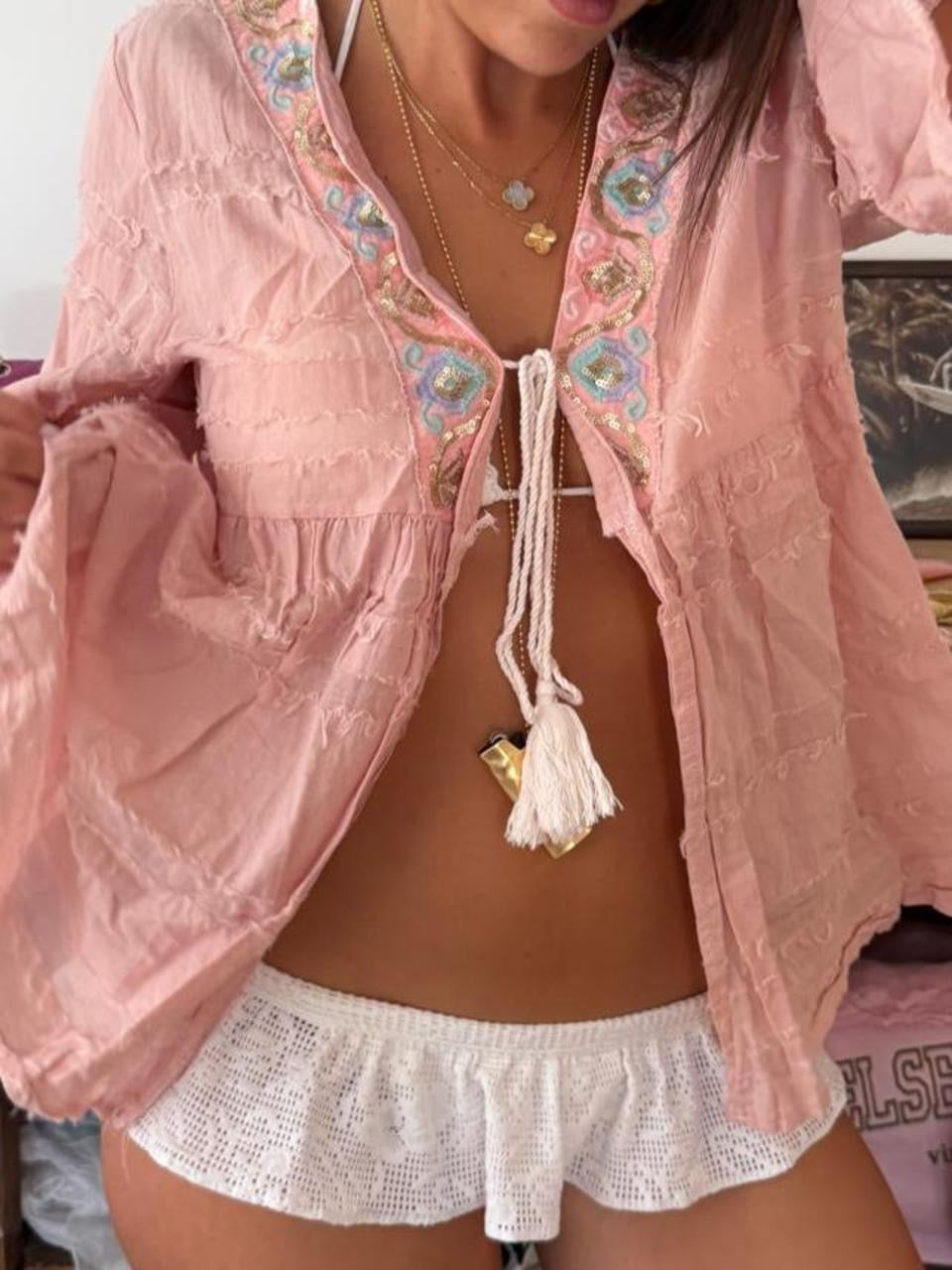 Vintage 00s pink sequin cardigan tie up top