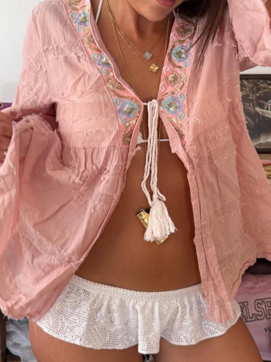 Vintage 00s pink sequin cardigan tie up top