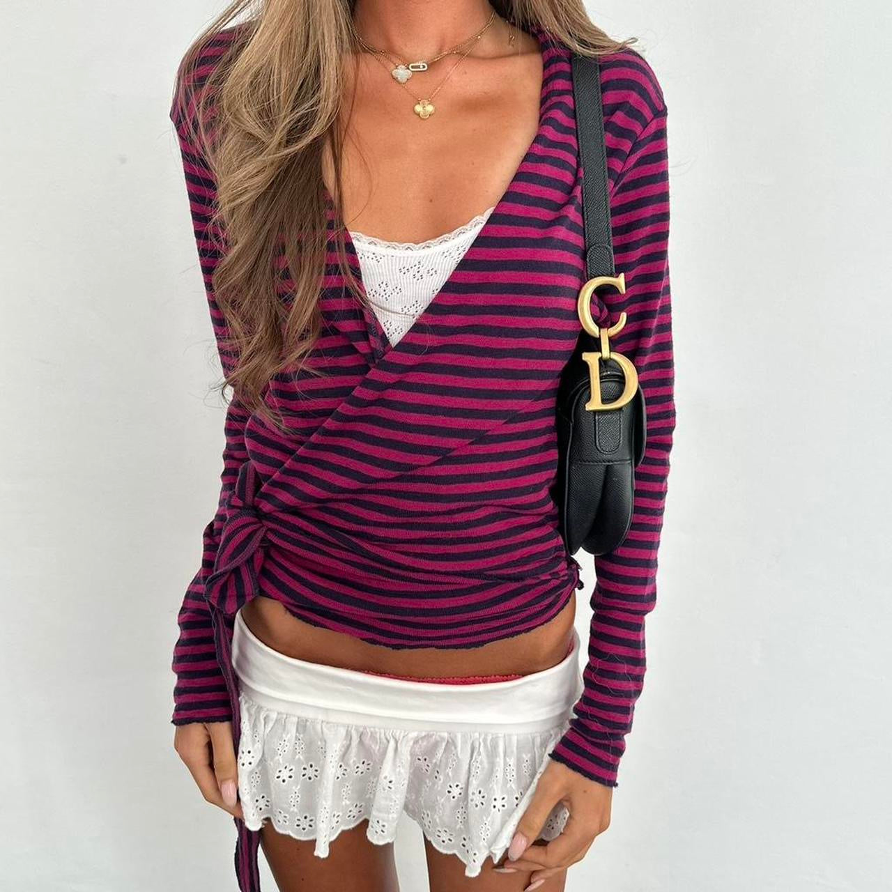 Vintage striped long sleeve wrap top