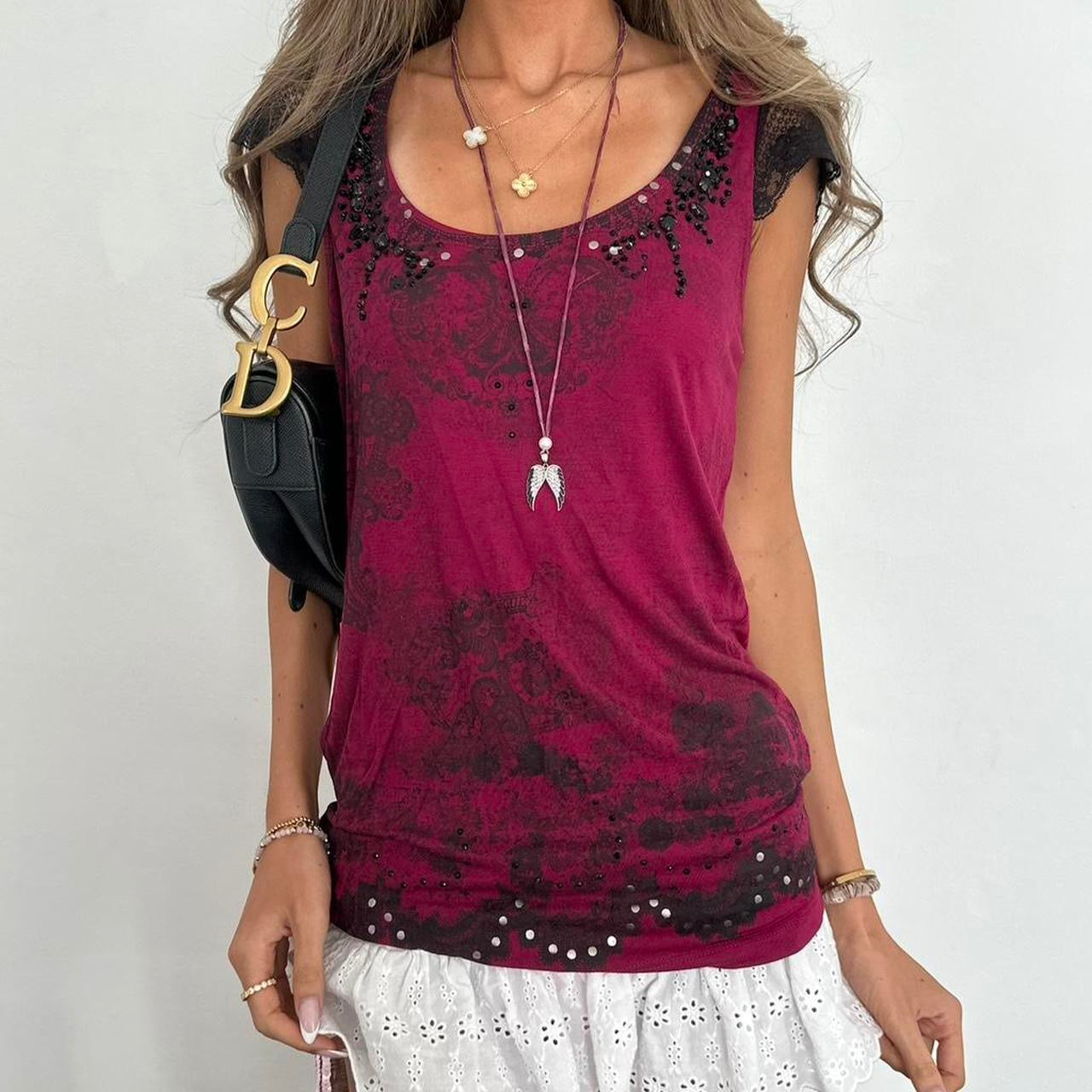 Vintage 00s black lace and dark pink top