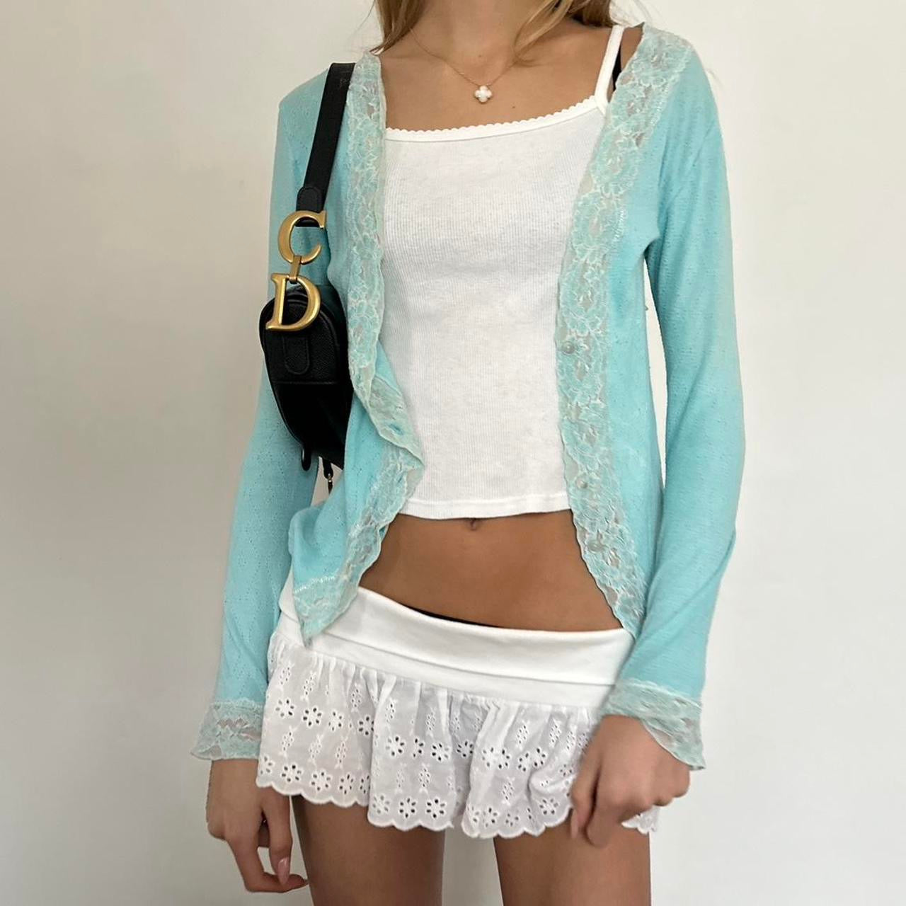 Vintage 90’s aqua blue lace trim cardigan top