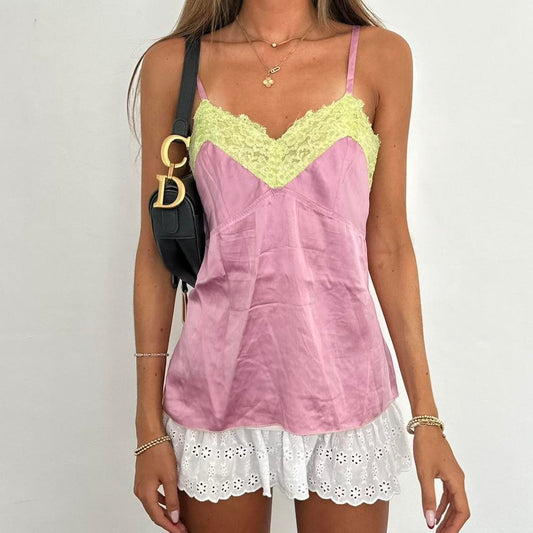 Vintage 90’s silk pink and green lace top