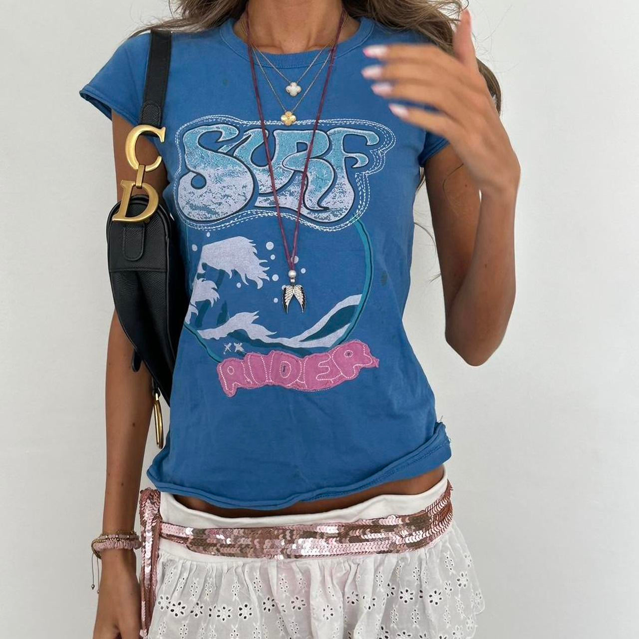 Vintage slogan Surf Rider blue & pink baby tee