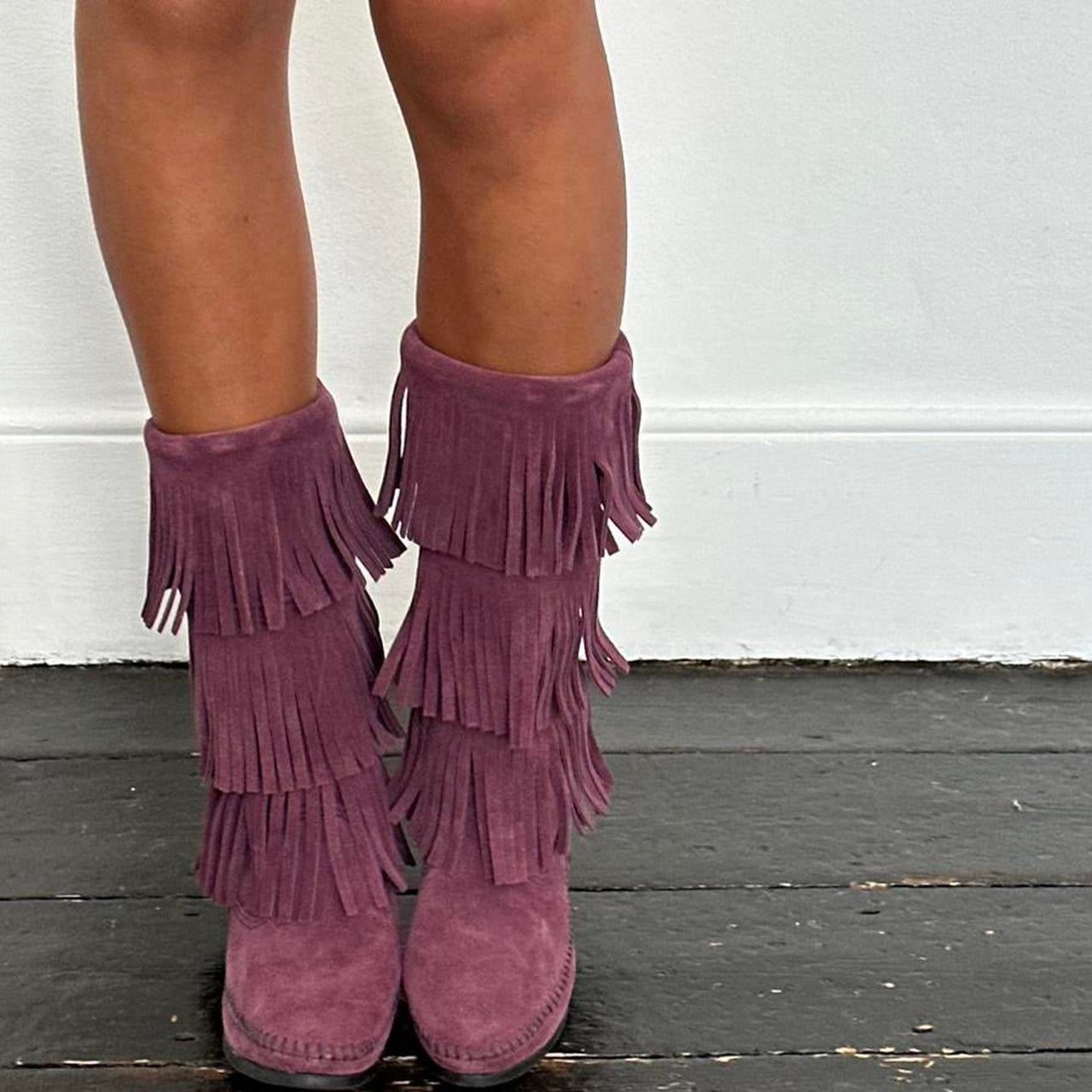 Vintage plum suede fringe leather boots