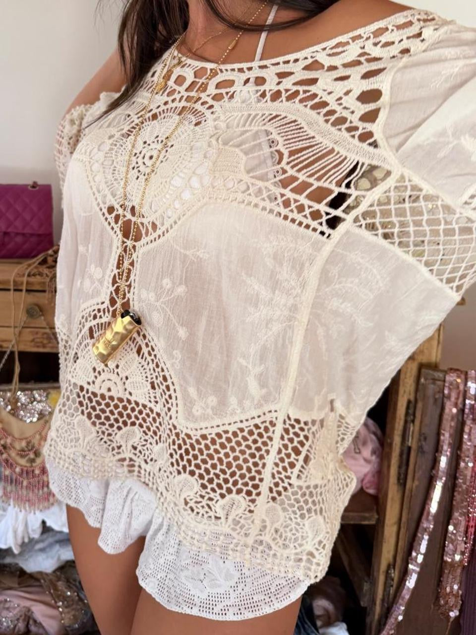 Vintage 00s white crochet boho long sleeve top